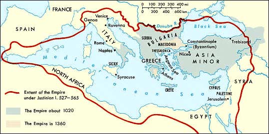 Map of the Byzantium Empire from 527 - 1360 AD